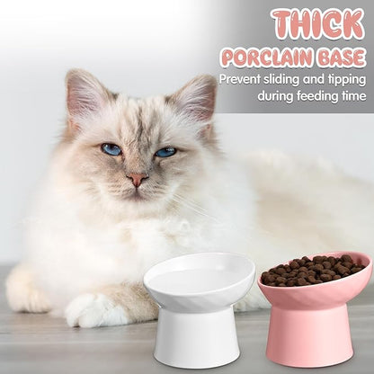 Tanlade 4 Pcs Ceramic Raised Cat Bowls, Elevated Tilted Cat Bowl, Stress Free, Backflow Prevention, Dishwasher and Microwave Safe for Indoor Kitten, Puppies(White and Pink)