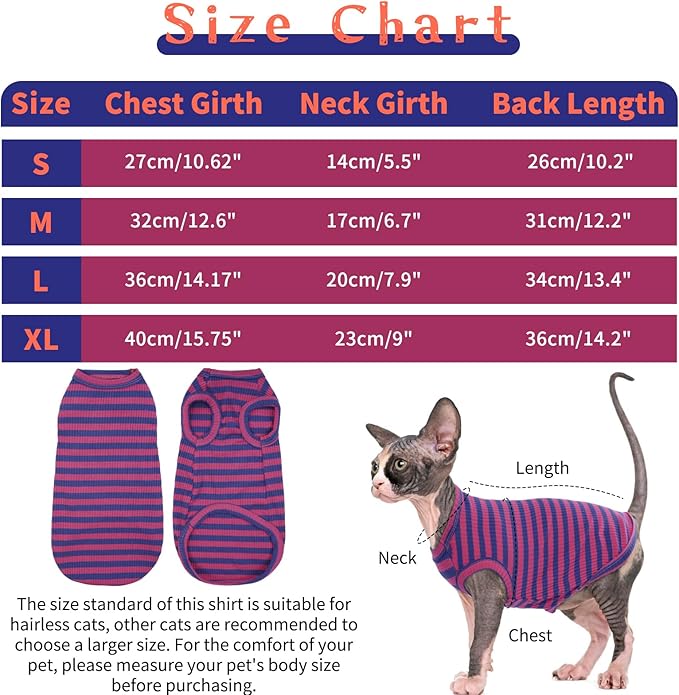 BRKURLEG Sphynx Hairless Cats Shirt Puppy Clothes Soft Cotton T-Shirts Cute Cats Pajamas Cat Stripes Vest Pet Sweater, Round Collar Vest Kitten Shirts(PinkBlue Stripes, XL)