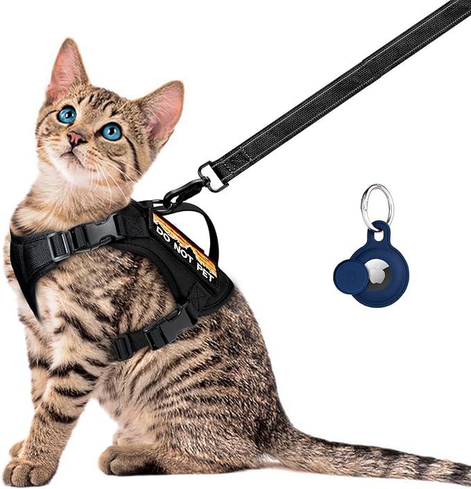 Tactical Cat Harness and Leash Set for Walking, Adjustable Escape Proof Pet Vest for Large Cat,Easy Control Breathable Cat Vest with Handle，Molle Patches (Black, L)