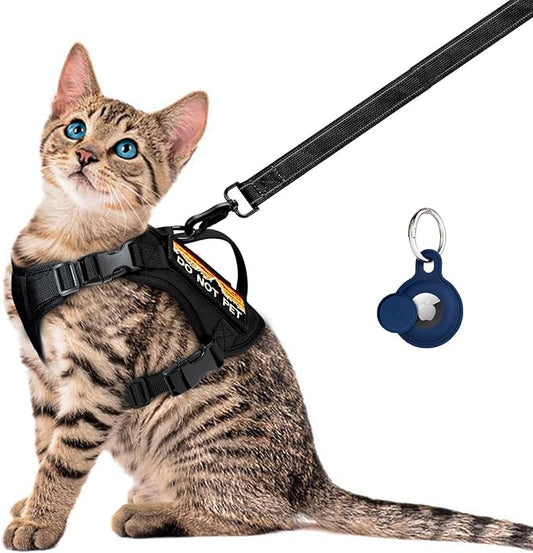Tactical Cat Harness and Leash Set for Walking, Adjustable Escape Proof Pet Vest for Large Cat,Easy Control Breathable Cat Vest with Handle，Molle Patches (Black, L)