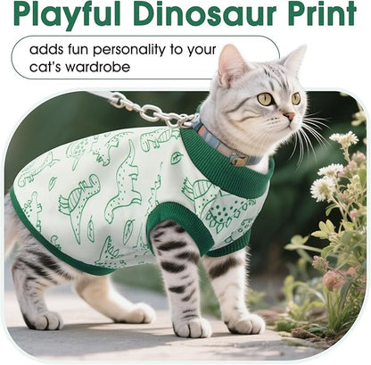 DENTRUN Sleeveless Cat Vest with Dinosaur Print, Breathable Ultra-Soft Dralon Fleece Cat Sweater, All-Season Pet Costume Apparel for Cats, Kitten Clothing for Indoor/Outdoor, Green, L