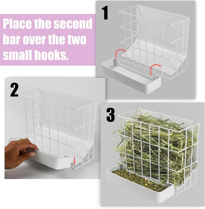 Large Hay & Feed Two in One Feeding Rack Rabbit Hay Rack with Hook Heavy-Duty Metal,Internal Sloping Design，Hay Feeder for Bunny,Rabbit，Chinchillas,Comes with Two Multifunctional Zippers