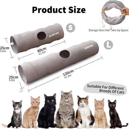 Cat Tunnels for Indoor Cats, Collapsible Pet Play Tube with Cat Toys and One Peek Hole, Pet Hideout Hideaway for Cats, Kittens, Bunny Rabbits, Ferrets, Puppy,Gray,S