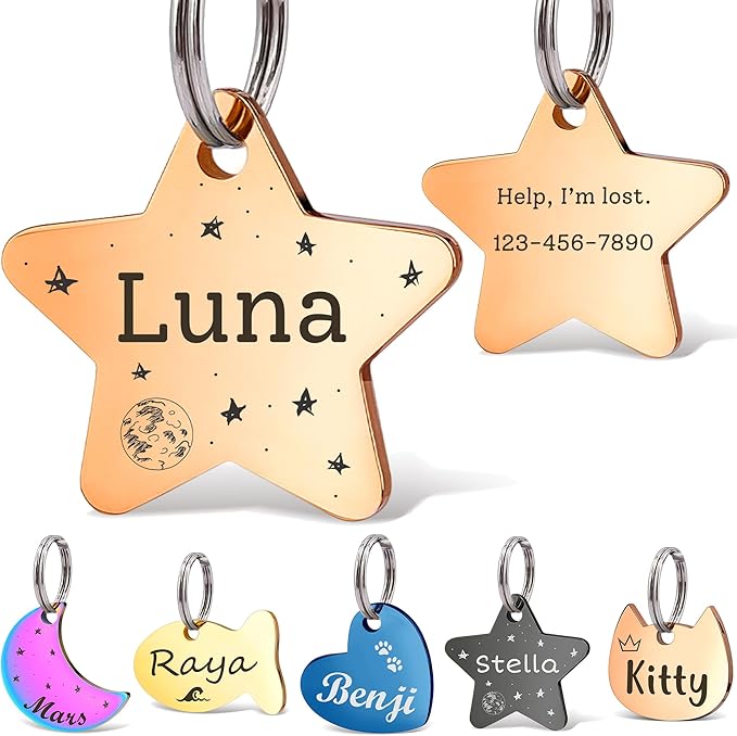 Anavia Small Size Dog Cat ID Tags, Small/XS Personalized Color Plated Stainless Steel Puppy Kitten Name Tags, Customized Engraved Nameplate Pet Collar Tag (Rose Gold, Star)