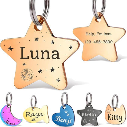 Anavia Small Size Dog Cat ID Tags, Small/XS Personalized Color Plated Stainless Steel Puppy Kitten Name Tags, Customized Engraved Nameplate Pet Collar Tag (Rose Gold, Star)