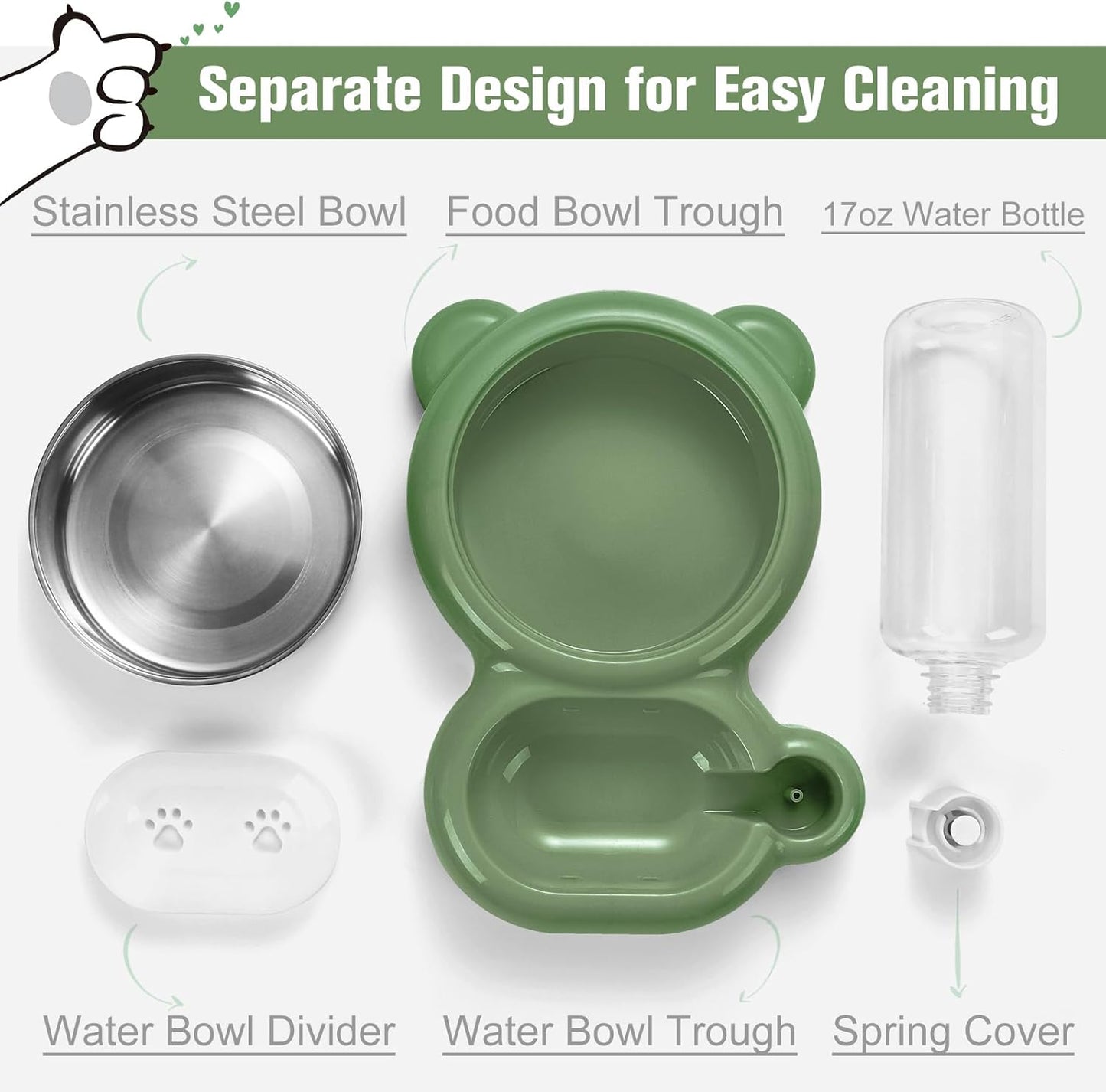 Dog Bowls, Cat Food and Water Bowl Set with Water Dispenser and Stainless Steel Bowl for Cats and Small Dogs - Green