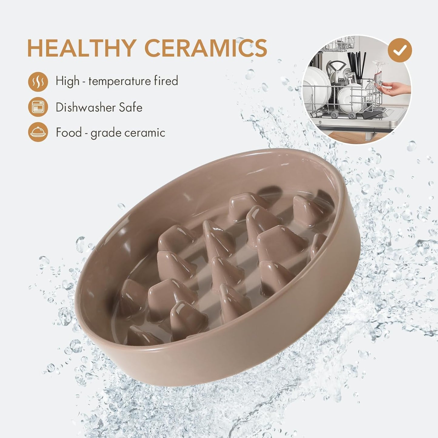 Ceramic 3.2 Cup Dog Bowl Slow Feeder, 9.5 inch Slow Pet Food Dish for Large Dog, Stop Bloat, Preventing Choking(Single Bowl, Brown Coffee)