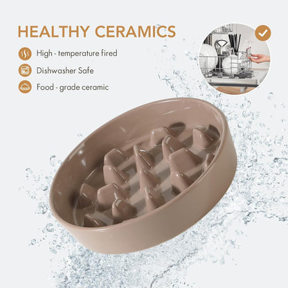 Ceramic 3.2 Cup Dog Bowl Slow Feeder, 9.5 inch Slow Pet Food Dish for Large Dog, Stop Bloat, Preventing Choking(Single Bowl, Brown Coffee)