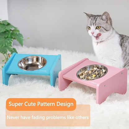 Elevated Cat Bowls,2 Stainless Steel Pet Food Water Feeder,15°Tilted Raised Pet Dish, Slanted Dog Bowl with Wood Stand for Kitty and Puppy,Wide 5.51" (Pink)