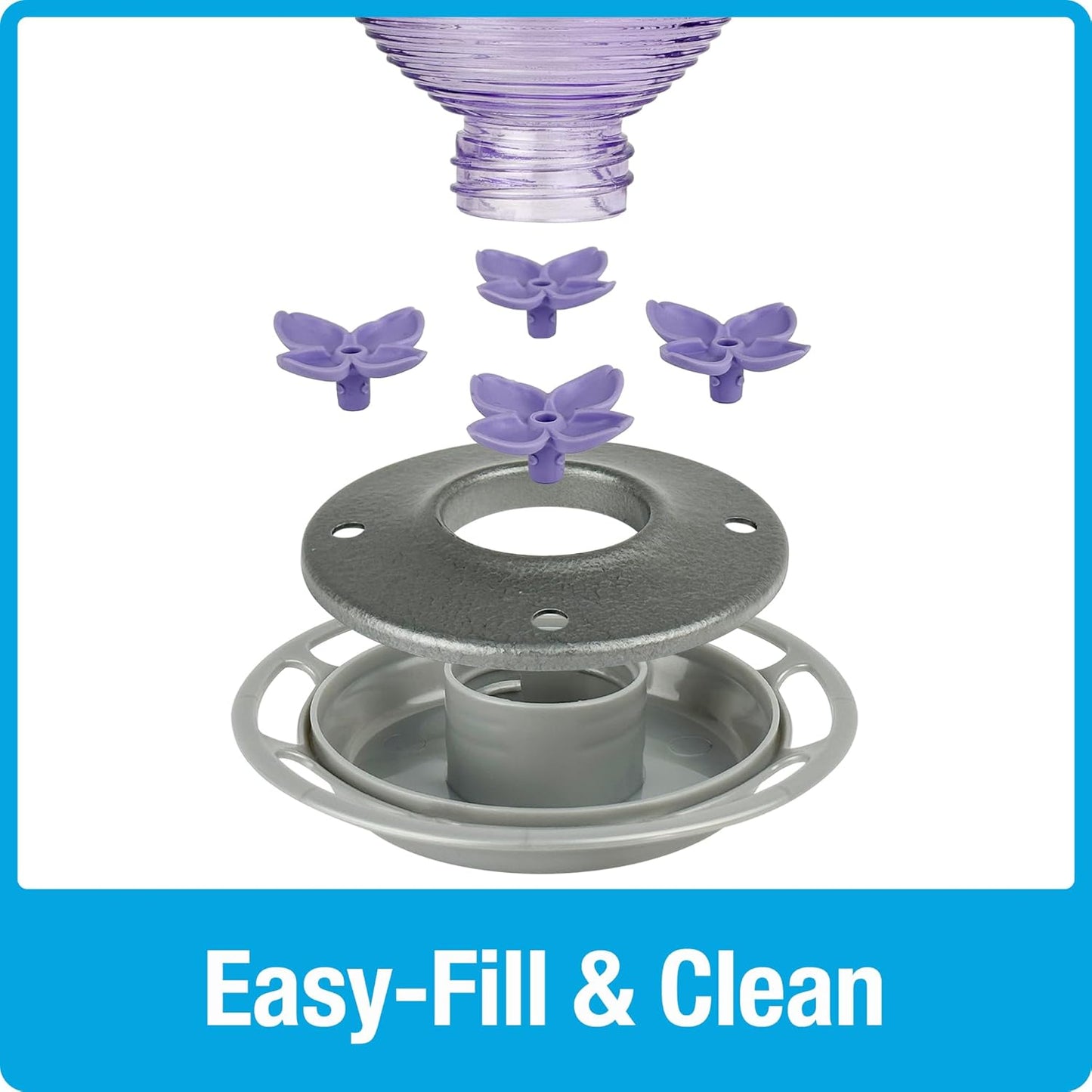 Nature's Way Hanging Glass Hummingbird Feeder for Outdoor Decor, 29 Ounce Capacity Nectar Feeder, 4 Easy to Clean Flexible Ports, Purple Lilac