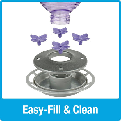 Nature's Way Hanging Glass Hummingbird Feeder for Outdoor Decor, 29 Ounce Capacity Nectar Feeder, 4 Easy to Clean Flexible Ports, Purple Lilac