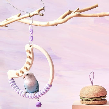 Natural Bird Swing - Moon-Shaped Parrot Perch with Bell and Cork Toys, Spinning Wooden Stand for Parakeets, Budgies, Lovebirds and Small/Medium Birds (White + Purple)