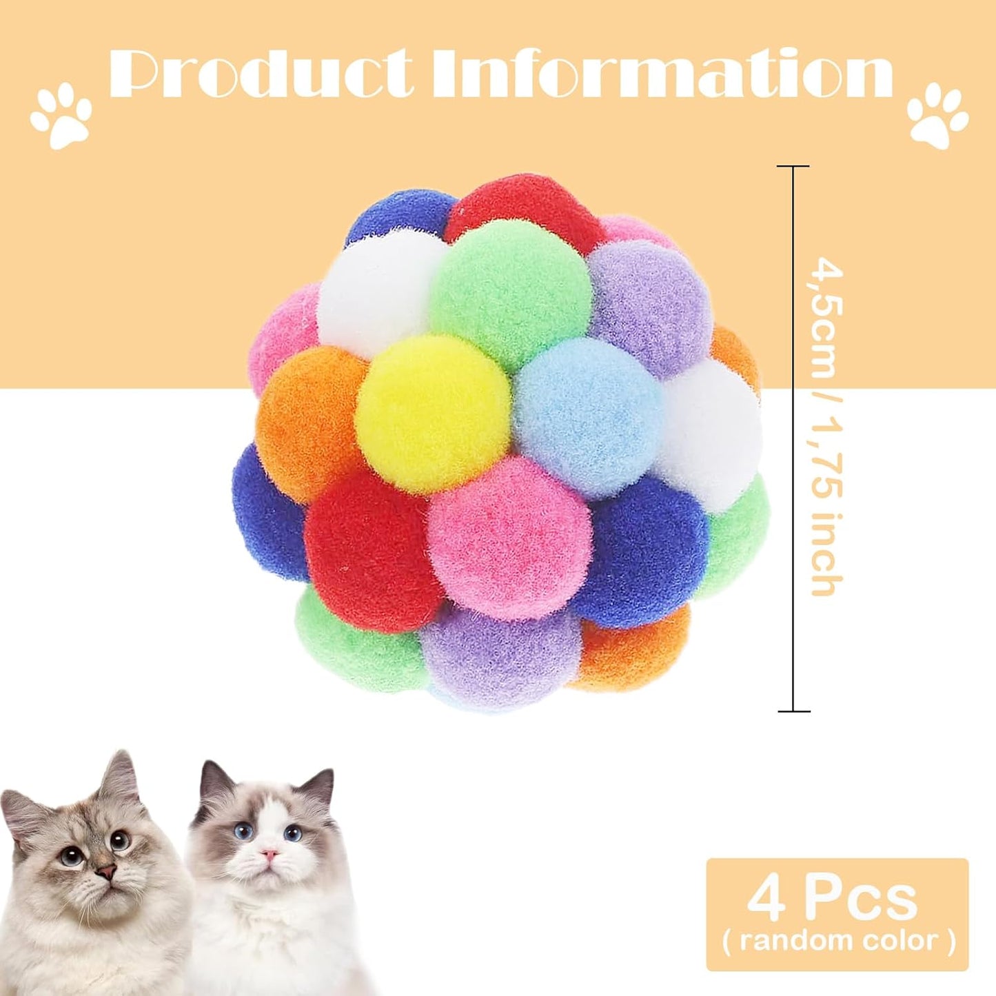 4PCS Cat Toy Balls, 1,75'' Soft Pom Pom Balls for Kittens, Colorful Soft Fuzzy Ball for Cats, Interactive Playing Chewing Toys for Indoor Cats and Kittens, Cute Kitty.