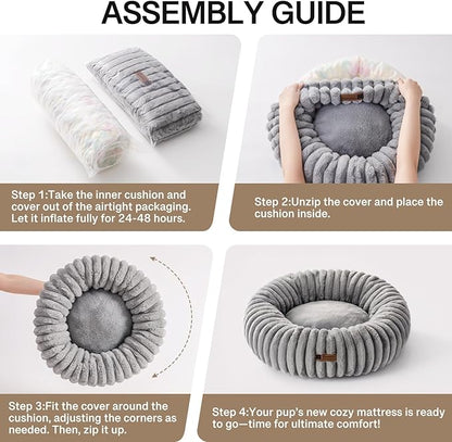 MEWOOFUN Donut Dog Beds for Small Dog, Calming Bed Round Cute Puppy Bed with Non-Slip Bottom, Fluffy Washable Pet Bed for Puppy and Kitten (Grey, S (25x25x7))