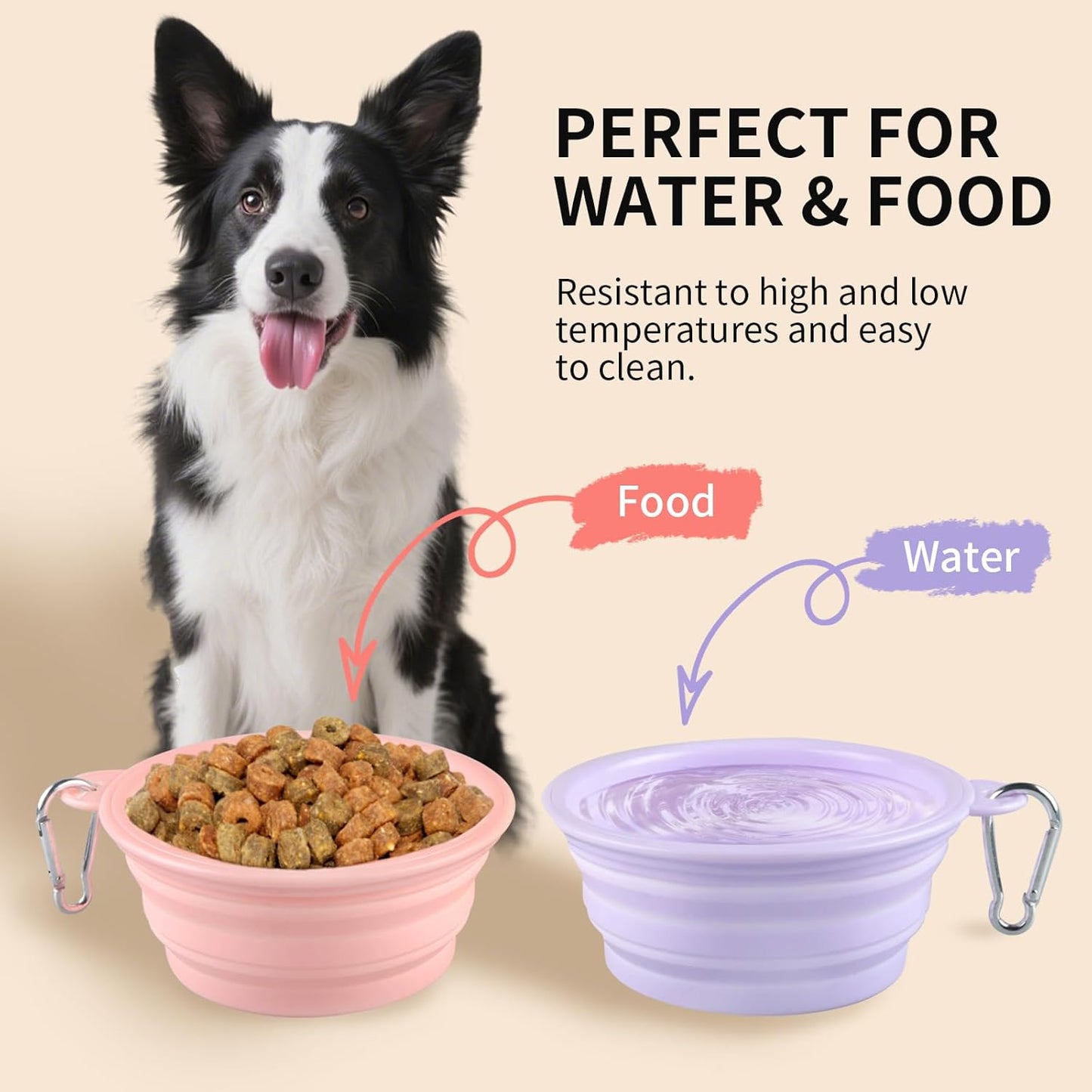 Collapsible Dog Bowls 2-Pack, Portable Travel Dog Bowl with Carabiner, Food-Grade Silicone Pet Bowl for Hiking, Walking (22 OZ Macaron Pink and Violet)