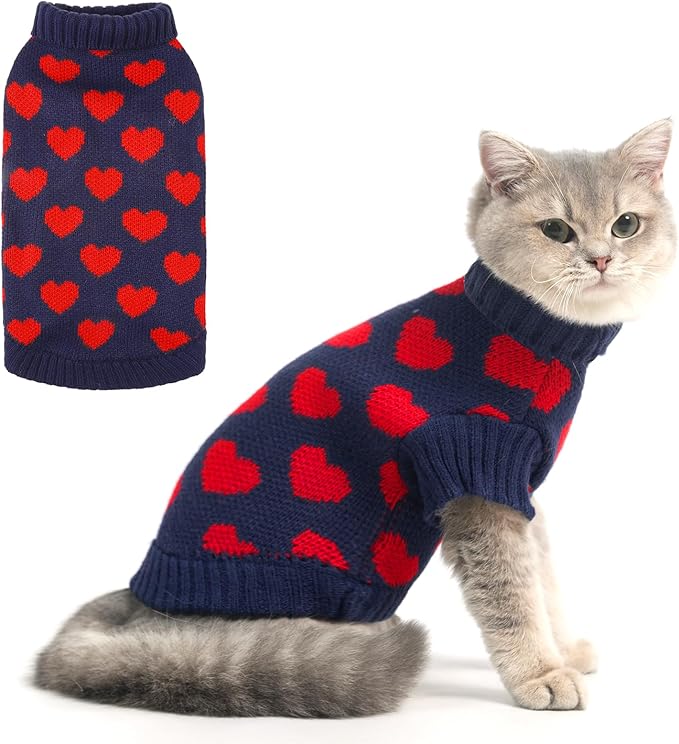 KOOLTAIL Cat Sweater Turtleneck- Soft Knit Sweaters for Cats Only, Christmas Red Heart Love Pattern Thick Warm Cold Weather Clothes for Small Medium Large Size Kitten Puppy Navy L