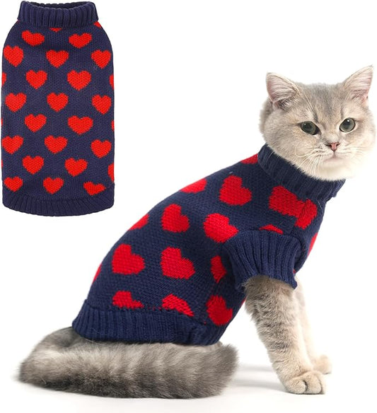 KOOLTAIL Cat Sweater Turtleneck- Soft Knit Cat Sweaters for Cats Only, Cat Christmas Sweater Red Heart Love Pattern Thick Warm Cold Weather Clothes for Small Medium Large Size Kitten Puppy Navy M