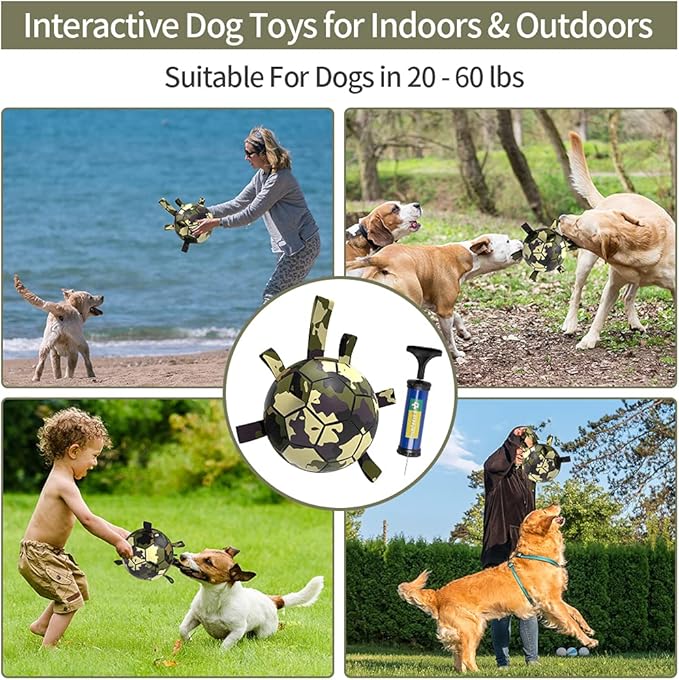 QDAN Dog Toys Soccer Ball, Interactive Toys for Tug of War, Dog Water Toy, Durable Dog Balls for Medium Large Dogs, Camouflage(8 inch)