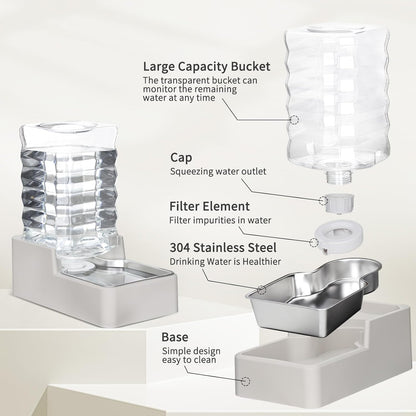 RIZZARI Stainless Steel Pet Water Feeder: 7.5L Automatic Leak-Proof Gravity Dispenser for Senior Dogs with Spine Problems - with Filter - Living Room Bedroom Use