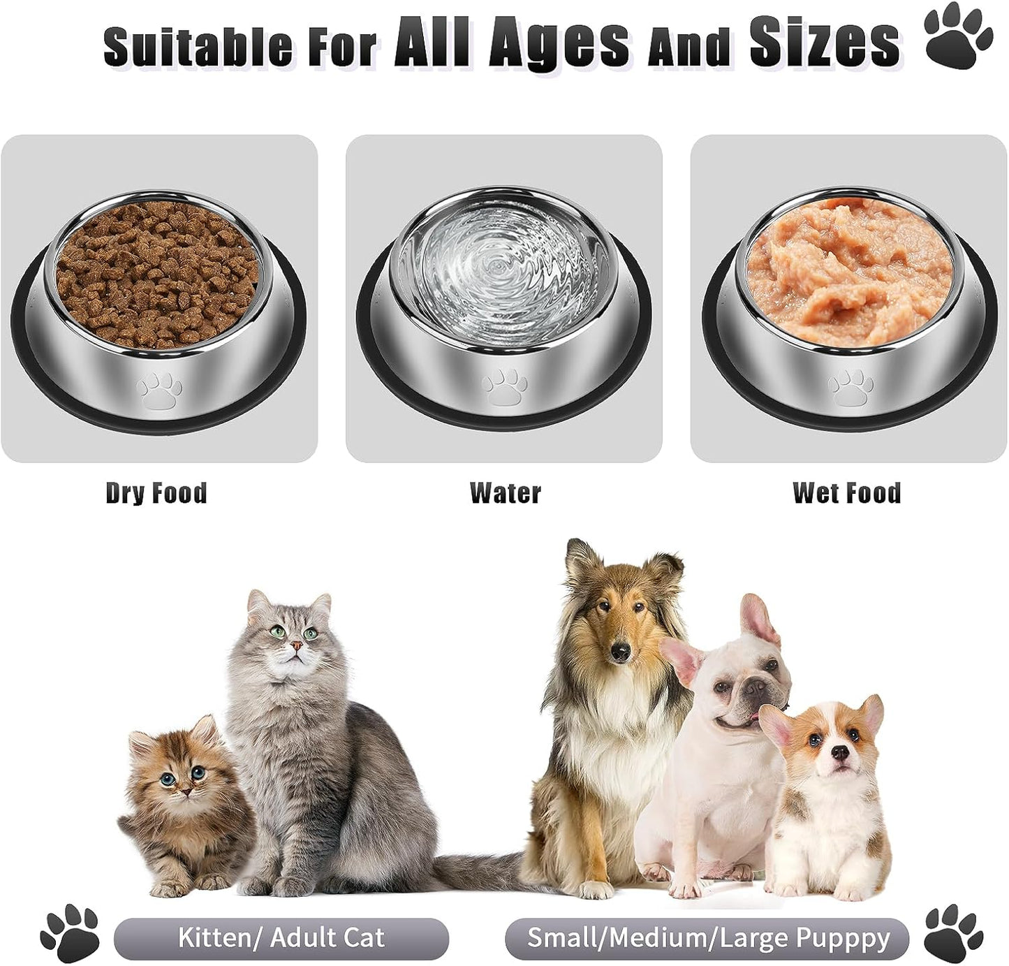 3Pcs Stainless Steel Dog Bowls Set with Dog Paw Pattern- Non-Slip Food and Water Bowl 13 Oz - Dishwasher-Safe, Rust Resistant Metal Pet Bowls for Small/Medium/Large Sized Pets