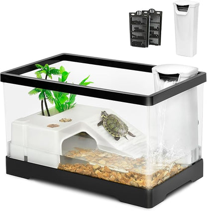 AZV Small Turtle Tank,11.8*7.3*7.1 inch PC Starter Terrarium Water Aquarium Enclosure,Bottom Drainage,Aquatic Baby Tortoise Habitat Indoor,for Amphibians and Fishes,Include Filter*1,Filter Plates*2