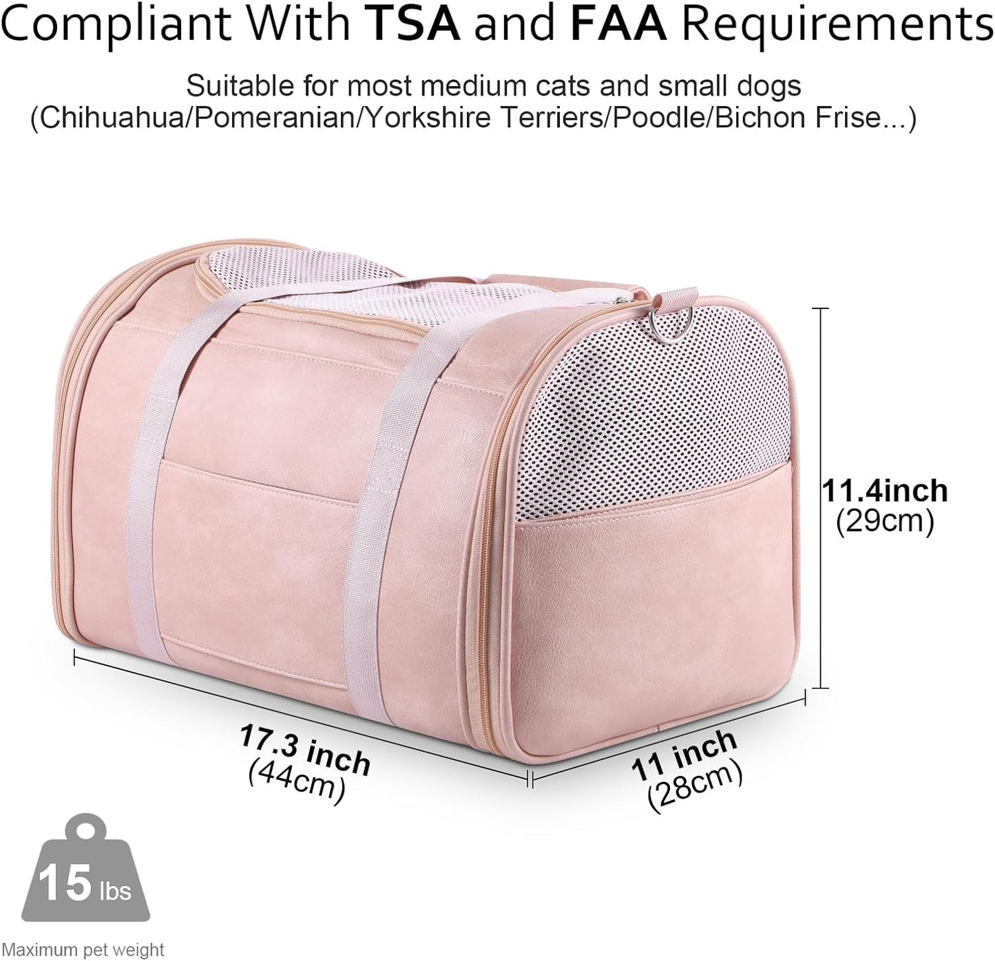 Fashion Leather Dog Carrier Cat Carrier Airline Approved Pet Carrier for Small Medium Dogs Cats Under 15Lbs, Collapsible Soft Sided Travel Puppy Carrier Pink