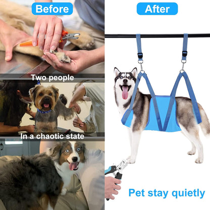Dog Grooming Hammock, Pet Grooming Harness for Dogs&Cats, Multi Hammock Restraint Bag with Adjustable Grooming Loop/Stainless D-Hooks/Nail Clippers/Trimmer/Nail File for Pet Nail Trimming, Care (M)