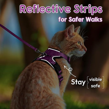 Dooradar Cat Harness and Leash Set, Escape Proof Safe Adjustable Kitten Vest Harnesses for Walking, Easy Control Soft Breathable Mesh Jacket with Reflective Strips for Cats, Purple, S