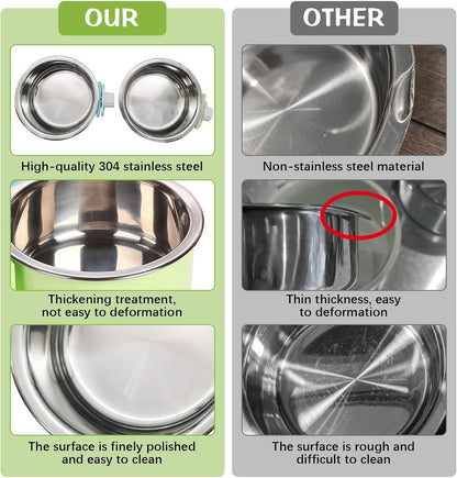 kathson Crate Dog Bowl, Removable Stainless Steel Hanging Pet Kennel Cage Bowl Food & Water Feeder Coop Cup for Puppy, Cat, Rabbit, Guinea Pigs Ferret Bird (2 PCS, Size: M, Blue and Green)