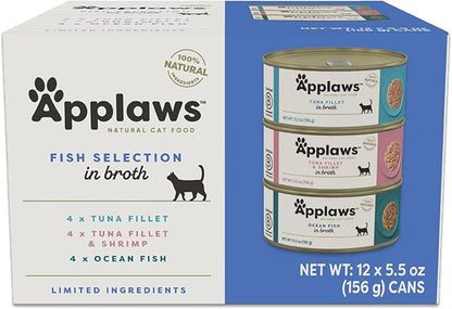 Applaws Natural Wet Cat Food in Broth, Limited and Natural Ingredients, High Protein with No Artificial Additives, Fish Selection Variety Pack in Broth (12 x 5.5oz Cans)