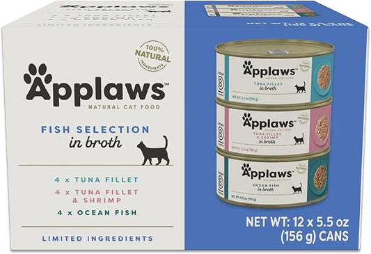 Applaws Natural Wet Cat Food in Broth, Limited and Natural Ingredients, High Protein with No Artificial Additives, Fish Selection Variety Pack in Broth (12 x 5.5oz Cans)