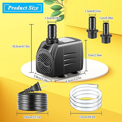 Submersible Pump, Small Fountain Pump with Tubing, Submersible Water Pump for Aquarium Fish Tank Indoor or Outdoor Pond Fountain Hydroponics Statuary (25W 400GPH, No Led Light)