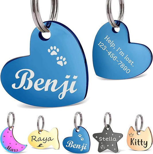 Anavia Small Size Dog Cat ID Tags, Small/XS Personalized Color Plated Stainless Steel Puppy Kitten Name Tags, Customized Engraved Nameplate Pet Collar Tag (Blue, Heart)