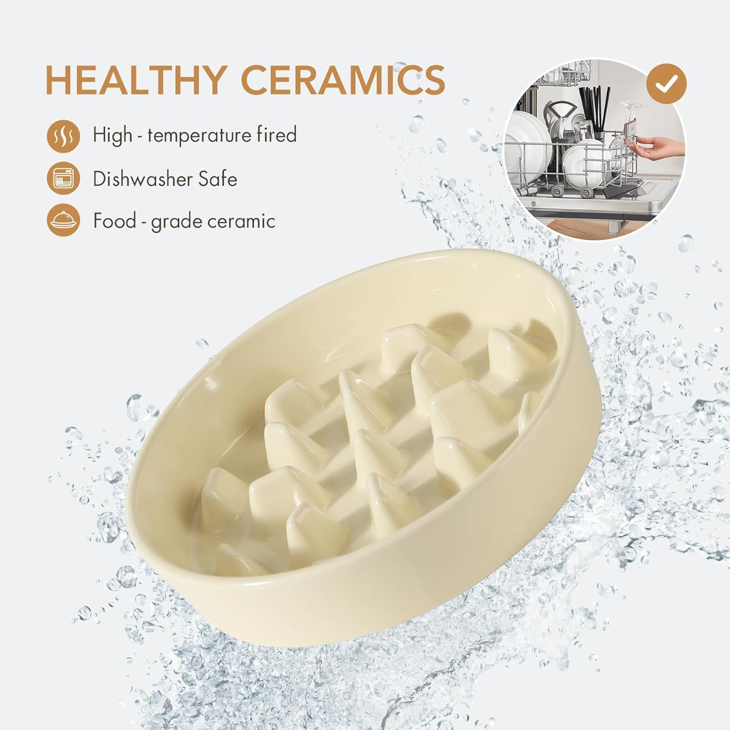 Ceramic 3.2 Cup Dog Raised Slow Feeder Set, Elevated Bowl with Wooden Stand for Large Dog, 9.5inch Slow Feeder Dish for Fast Easters, Anti-Gulping(Beige, Single Bowl+ Stand)