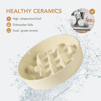 Ceramic 3.2 Cup Dog Bowl Slow Feeder, 9.5 inch Slow Pet Food Dish for Large Dog, Stop Bloat, Preventing Choking(Single Bowl, Beige)