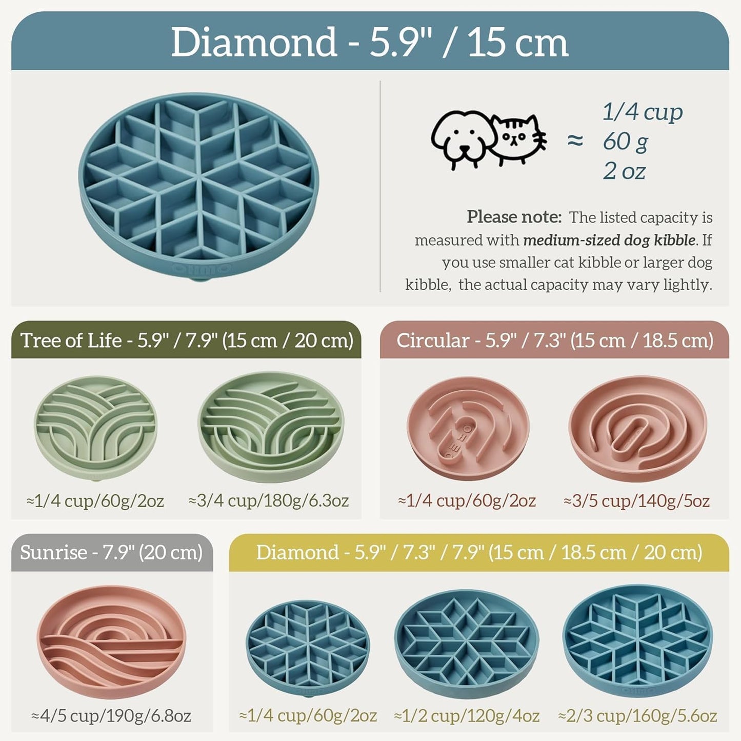 OHMO Slow Feeder Dog& Cat Bowl, Silicone Puppy Cat Food Bowl with Anti-Slip Suction Cup Slow Down Small Dogs Eating, Anti Choking (S-Diamond,Coral)