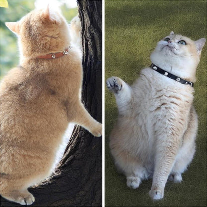 Spiked Cat Collar with Bells, Breakaway Genuine Leather Protective Collar for Kitty, Studs Spikes Punk Style Adjustable for Girl Boy Kittens Small Bunny Rabbit, 10"-12" Black