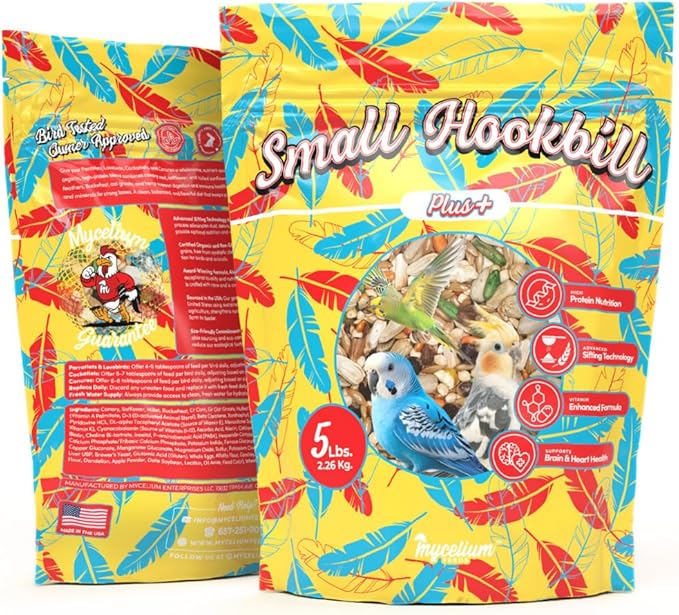 Mycelium Organic Small Hookbill Plus Feed (5 LBS) | High-Protein Bird Food for Parrotlets, Lovebirds, Cockatiels & Conures | Brain & Heart Support | Omega-Rich, Vitamin-Fortified | Non-GMO, USA Made