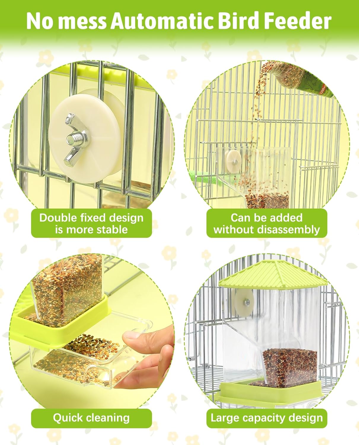 Hamiledyi Automatic Bird Feeder No Mess Bird Cage Feeder Seed Food Container with Perch Transparent Parrot Cage Accessories for Parakeets, Budgies, Cockatoos, Finches, Lovebirds, Canaries (Green)