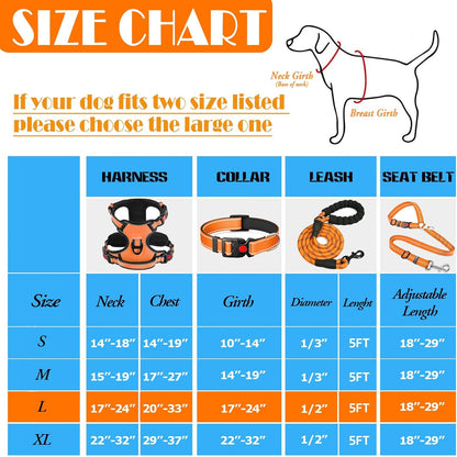 No Pull Dog Harness, Collar & Leash Set | Includes Dog Seat Belt, Collapsible Bowls & Poop Bag Dispenser. Ideal for Training, Walking, Hiking. Fits Small to Large Dogs(Orange-L)