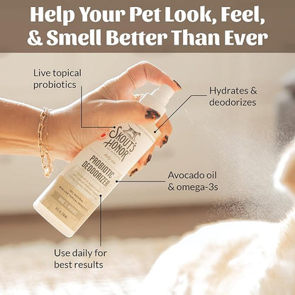SKOUT'S HONOR Probiotic Pet Deodorizer Spray- Hydrating Daily-Use with Avocado Oil & Omega-3s, Microbiome Friendly Certiified, Paraben & Sulfate-Free, 97% Natural, 8oz, Dog of The Woods