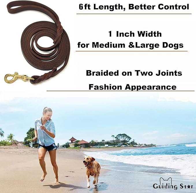 Guiding Star Leather Dog Leash 6ft, Dog Leashes for Large Dogs Heavy Duty, Soft Braided Handmade Leather Training Leash for Large & Medium Dogs (6ftx1inch, Brown)