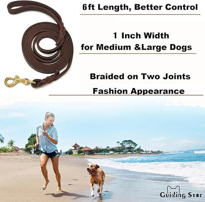 Guiding Star Leather Dog Leash 6ft, Dog Leashes for Large Dogs Heavy Duty, Soft Braided Handmade Leather Training Leash for Large & Medium Dogs (6ftx1inch, Brown)