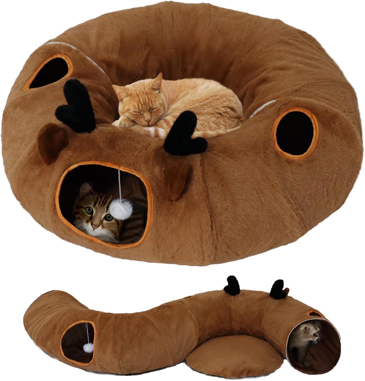 Cat Tunnel Bed for Indoor Cats with Washable Cushion Cat Cave Donut Tunnel with Fluffy Ball Big Round Tube Pet Playground Toys Soft Plush Peekaboo for Kitten, Cat, Puppy, Rabbit, Ferret（Deer）