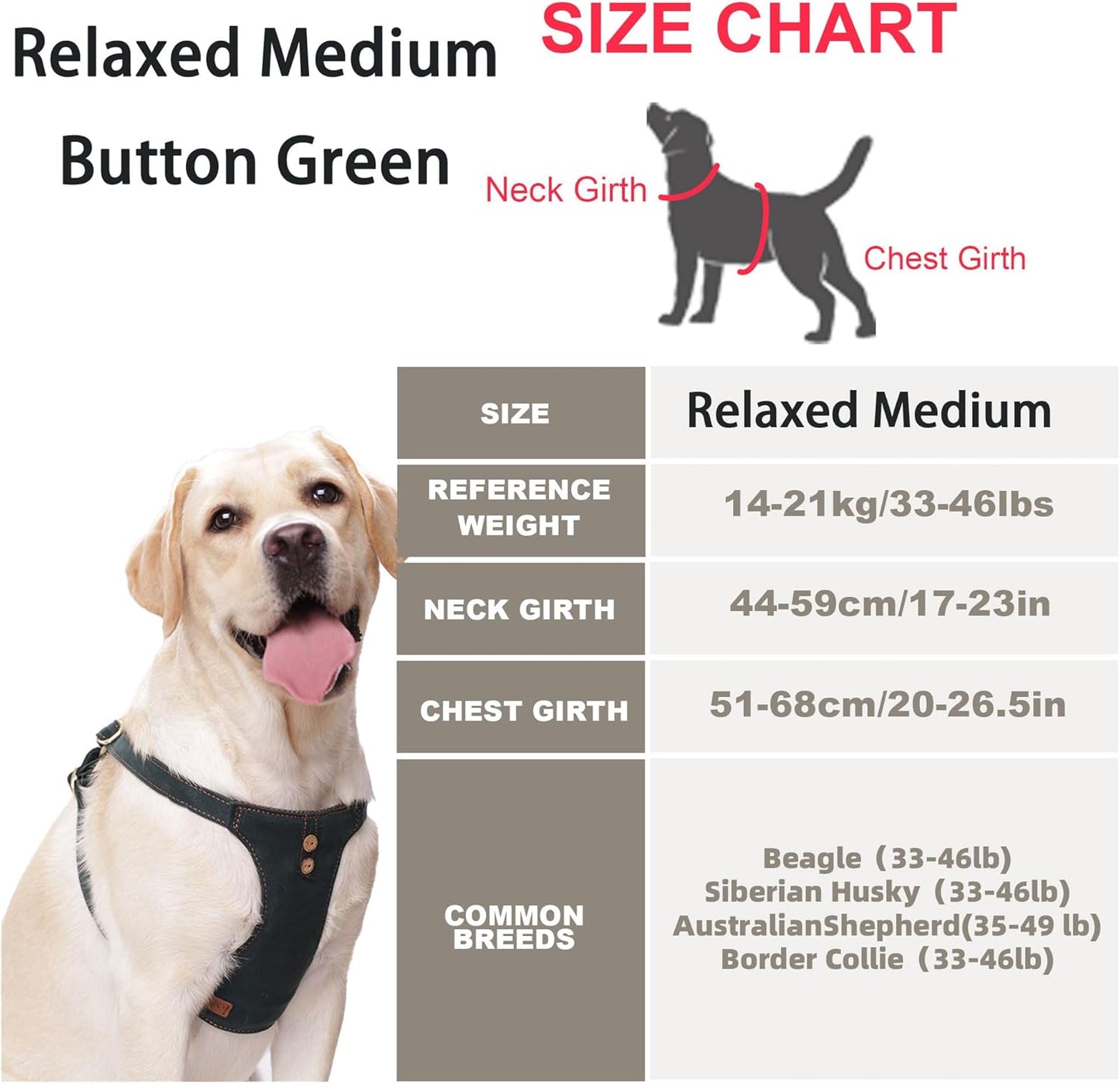 Dog Harness, No Pull Dogs Harness and Multi-Function Leash Set for Medium Dogs Easy Walk Everyday Adjustable Soft Dog Vest Harness Fashionable Dog Accessories Denim Vintage Green-Button-Relaxed Medium