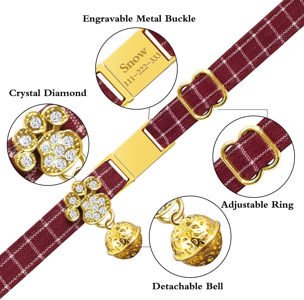 Personalized Breakaway Cat Collars - Magnetic Buckle, Bell - Safety Quick Release, Customized for Girls & Boys Cats- (Checkered-Red)