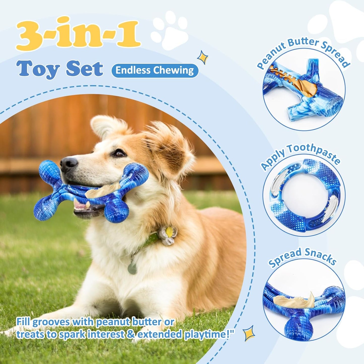 3Pack Dog Toys for Aggressive Chewers Dog Chew Toy Tough Dog Toys to Keep Them Busy Bacon Flavor Teething Chew Toys & Dental Health for Large Medium Small Breeds (Blue)