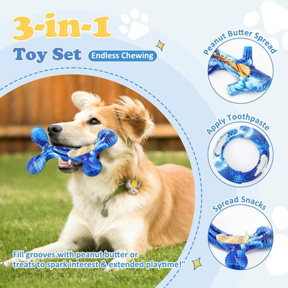 3Pack Dog Toys for Aggressive Chewers Dog Chew Toy Tough Dog Toys to Keep Them Busy Bacon Flavor Teething Chew Toys & Dental Health for Large Medium Small Breeds (Blue)