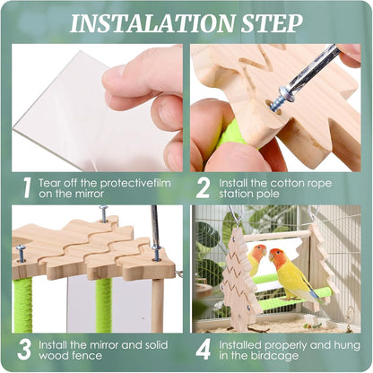 Small Bird Mirror Parrot Swing,Bird Stand Perch Toy,Double Sided Mirror Swing with Chew Flower Perch Safe Parakeet Budgie Cockatiel Cage Accessories for Biting Anxiety.