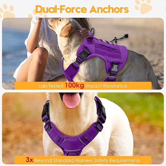 Heavy-Duty Tactical Dog Harness for Large Dogs, No Pull Adjustable Reflective Pet Vest with Molle System, K9 Military-Grade Control for Service Training, Outdoor & 10+ Breeds, Purple, XX-Large
